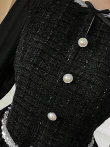SHEIN Clasi Christmas Plus Size Women Black Autumn Elegant Formal Evening Vintage French Chic Sequins Ribbon Bowknot Button Knee-Length Dress,Halloween Costume - Black - View 8
