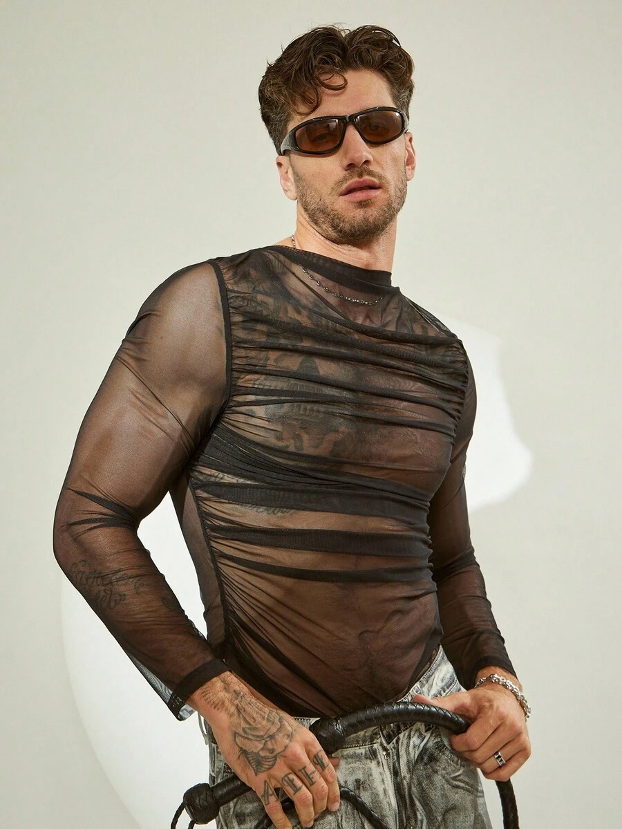 FeverCity Men's Sexy Transparent Soft Long Sleeve T-Shirt - Black - View 1