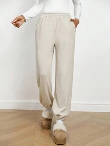 SHEIN LUNE Pantalones jogger casuales de mujer con cintura elástica, bolsillos y forro térmico, para otoño/invierno - Albaricoque - Ver 8