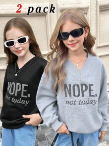 SHEIN 2pcs Tween Girls Casual Elegant V-Neck Oversized Loose Thermal Lined Long Sleeve Letter Print & Solid Color Pullover Sweatshirts, Black & Gray, Autumn/Winter - Multicolor - View 2