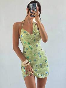 Firerie 女士休闲优雅亮片露背系带连衣裙迷人连衣裙适合派对、约会、浪漫之夜、鸡尾酒会/女士秋季服装/派对礼服/新年礼服/优雅派对礼服/舞会礼服/闪亮礼服/亮片礼服/绿色礼服 - 藍色 - 查看 7