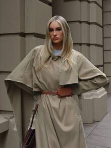 Aloruh 女式休闲裹领收腰长款风衣，秋冬 - 卡其色 - 查看 8