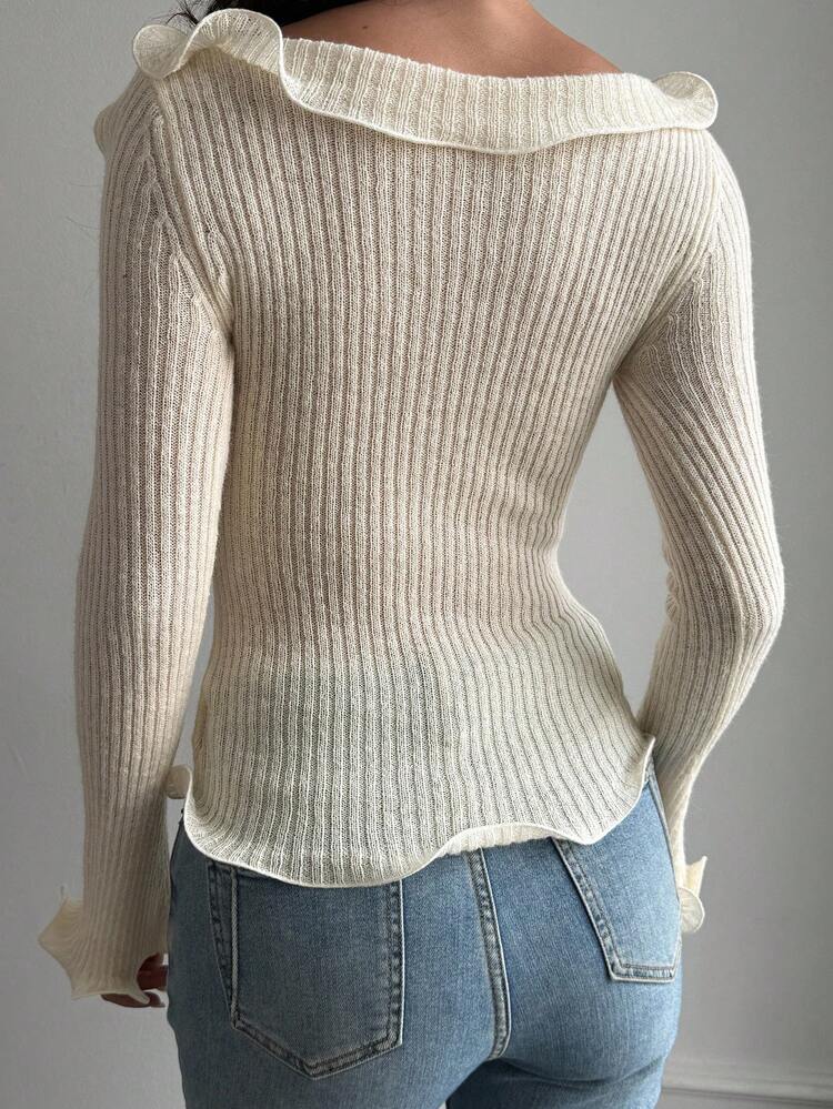 Women's Casual Sexy Fitted Frill Trim Knit Sweater, Autumn/Winter