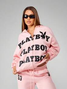 Missguided x Playboy Áo nỉ trùm đầu cổ điển cỡ lớn có khóa kéo toàn bộ có logo thỏ thời trang Y2K màu hồng phong cách đường phố cổ điển phong cách mùa đông thu thường ngày mặc ở nhà - Hồng - Xem 3