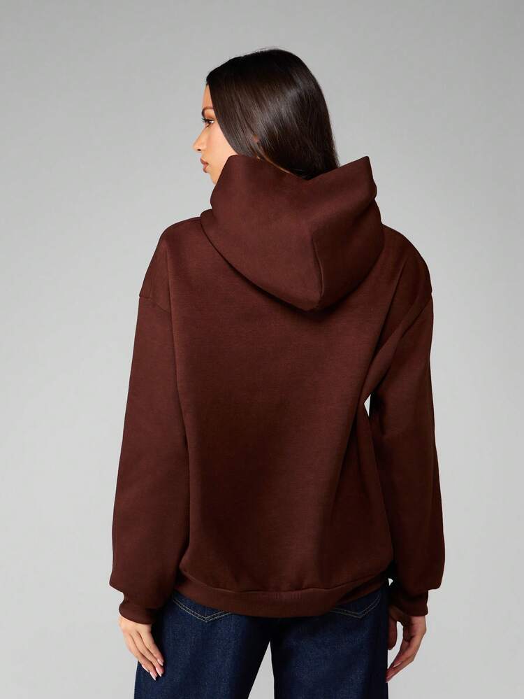 MISSGUIDED Luźna bluza z kapturem w dużym rozmiarze, z kieszenią na środku i złotym haftem, ściągaczem, jesienno-zimowa, wygodna, do wypoczynku, streetwear, podstawowa, niezbędna
