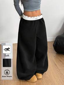 Coolane 女士秋冬外出简约基本款日常穿着复古街头服饰节日黑色保暖摇粒绒直筒裤 - 黑色 - 查看 2