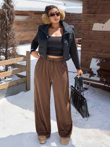 SHEIN EZwear Plus Size Women Drawstring Waist Wide Leg Loose Casual Brown Fuzzy Pants Knit Pants Elastic Waist Pants Brown Pants For Women Casual Pants - Brown - View 7
