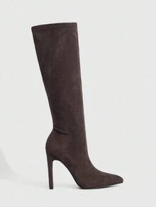 Daringsoles 女士尖头粗跟性感绒面革过膝靴，棕色，正式派对靴，秋冬