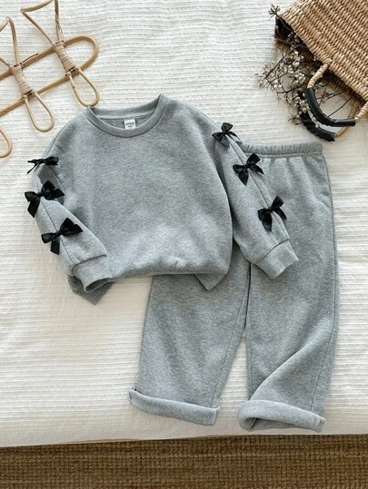 SHEIN LMoss Kids 2件套少女纯色圆领休闲运动衫和紧身裤套装