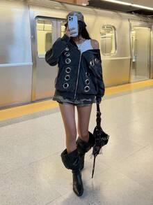 Muchica 女士休闲金属孔眼拉链黑色卫衣，秋季哥特风 - 黑色 - 查看 6