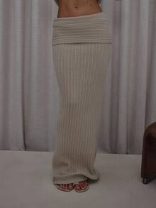 MUSERA 翻边厚针织罗纹修身长裙套装（仅下装）街头风优雅休闲性感外出太妃糖色晚宴派对优雅 - 卡其色 - 查看 8