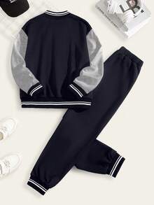 SHEIN Casuvi Kids Áo khoác và quần cổ bóng chày in chữ màu tương phản cho bé trai tuổi teen, trang phục thường ngày, mùa thu - màu đen - Xem 6