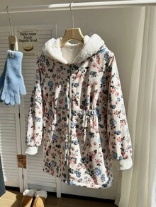 SHEIN 二合一女童花卉人造毛皮和黑色双面长袖风衣夹克，适合秋冬季，中长款外套，可搭配连衣裙、毛衣、高领衫、裤子、裙子 - 彩色 - 查看 6
