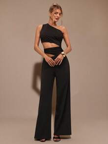 SHEIN BAE Bộ đồ liền thân ống rộng cắt xẻ bất đối xứng dành cho nữ, trang phục thanh lịch khi đi chơi hàng ngày, hẹn hò, tiệc tùng, thu/đông - màu đen - Xem 5