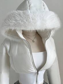 Elamini 女士时尚杏色拼接短款皮草连帽收腰立领长袖短款棉服外套，适合秋冬季 - 白色 - 查看 6