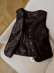 Resyla Women's Solid Color Minimalist Design Sleeveless Pocket Short Jacket, Versatile For Autumn/Winter - Brown - View 8