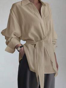 DAZY 女士半开襟侧系带套头衫休闲优雅长袖衬衫 - 灰色 - 查看 1