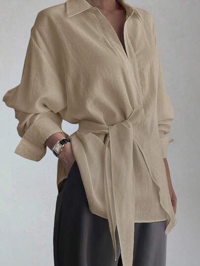 DAZY Women's Half-Placket Side Tie Pullover Casual Elegant Shirt Long Sleeve Women