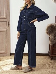 SHEIN LUNE Casual Long Sleeve Denim Jumpsuit, Suitable For Commuting In Autumn - Dark Wash - View 3