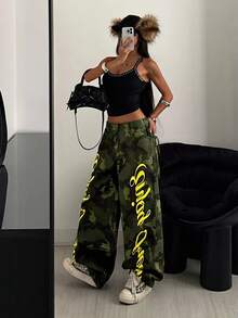 StreetHx 女式休闲街头字母迷彩阔腿牛仔裤 - 彩色 - 查看 7