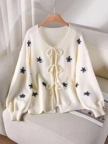 CosyJoli 大码女式花卉图案落肩宽松前系带开衫，秋冬休闲通勤装 - 杏色 - 查看 6