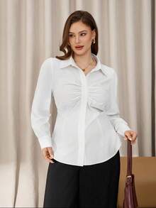 Auralis Kemeja Lengan Panjang Putih Ukuran Plus Elegan Berbahan Sutra dengan Detail Kerut dan Kancing Depan untuk Wanita Kantoran, Blus Kerja Musim Gugur, Blus Wanita Dasar Serbaguna untuk Konser dan Kencan - Putih - View 7