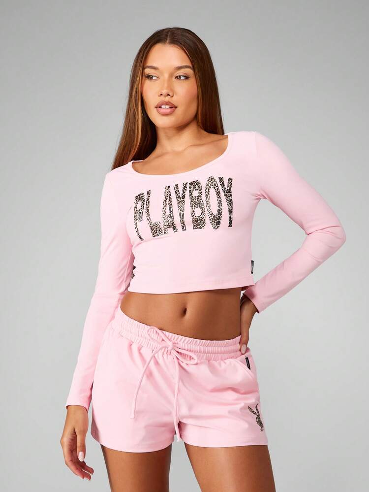 Missguided x Playboy Long Sleeve Crop Top With Leopard Print And Matching Shorts