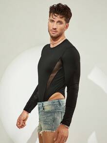 FeverCity Herren eng anliegender langärmeliger Mesh-Patchwork-Bodysuit, Herbst