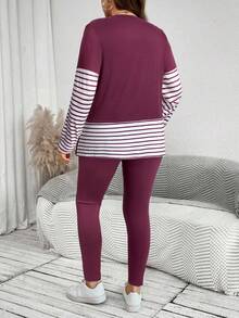 SHEIN LUNE 大码女式两件套，条纹拼色圆领长袖上衣和纯色裤子女士服装套装机场女士服装秋季服装套装旅行装机场 - 藕粉色 - 查看 2