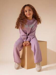 SUMWON 女孩冬季舒适针织运动衫裤子套装柔软罗纹毛衣阔腿运动服套装两件套 - 淡紫色 - 查看 8