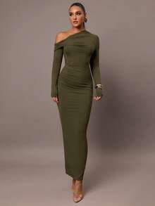 Silquee 女士简约日常约会、优雅派对、长袖、修身、性感纯色弹力针织连衣裙，斜肩领设计，浪漫约会、秋冬打底针织连衣裙、夜间外出连衣裙、万圣节和圣诞节长裙 - 軍綠色 - 查看 8