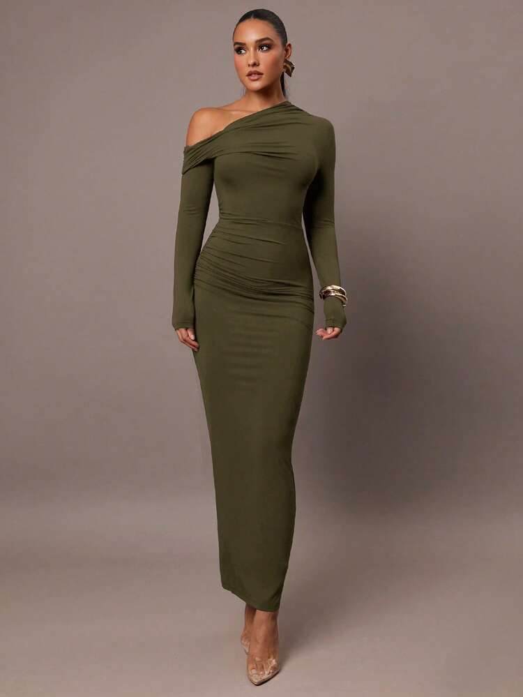 olive green long sleeve midi dress Zeda V Neck Midi Dress - Olive Long Sleeve Fit & Flare Knit Dress