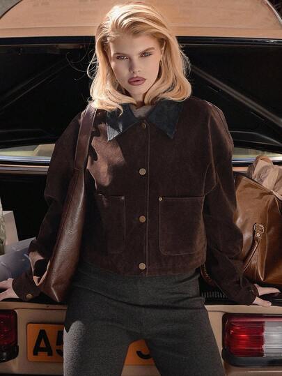 MUSERA Chaqueta abotonada con cuello de contraste de ante recortada, ropa de calle, linda, elegante, casual, sexy, para salir, otoño, color toffee, elegante