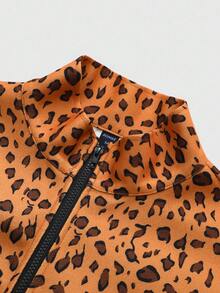 ROMWE MEN Street Life Chaqueta con cuello alto con estampado de leopardo para hombre, adecuada para otoño/invierno - Marrón - Ver 6