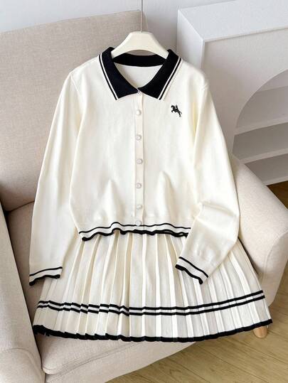 Sparklyn 少女毛衣套装，长袖有领开衫和条纹迷你裙，黑白色，适合春季、秋季、秋冬季