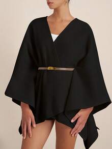 Airaco Women's V-Neck Casual Loose Long Sleeve Regular Jacket With Belt - Black - View 5