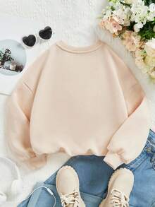 SHEIN Beige,Autumn,Cute,Matching Family Tween Girls Happikins Christmas Tree Pattern Sweatshirt,Glitter Gold Leopard Print Crew Neck Soft Loose Long Sleeve - Beige - View 2
