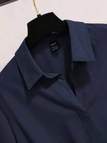 Franclia 女式优雅休闲七分袖褶边衬衫 - 藏蓝色 - 查看 4