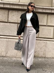 Aloruh 女士休闲纯色翻领短款风衣，咖啡棕色秋冬女装 - 黑色 - 查看 4