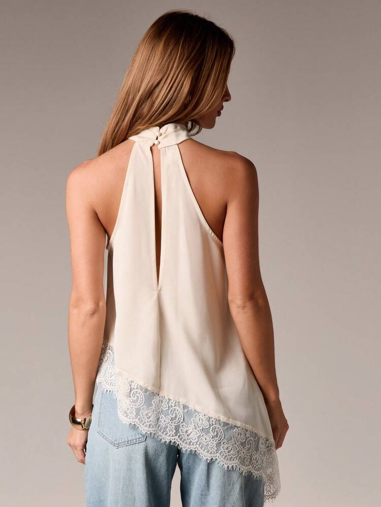 Halter Neck Asymmetric Top With Lace Trim