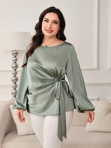 SHEIN Clasi 大码女式不对称圆领长袖绿色衬衫 - 綠色 - 查看 5
