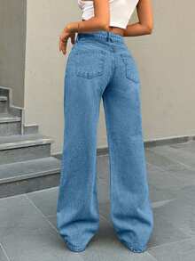 EURMUSE Low Waist Button Detailed Snow Wash Straight Cut Jean - Blue - View 2