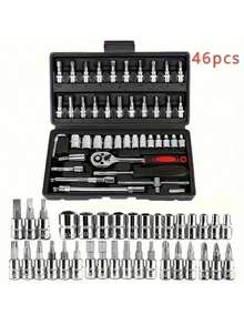 46 件棘轮扳手套装，男士工具套件，含六角扳手和套筒，工具箱，汽车机械工具，1/4 英寸驱动，公制，带延长杆，紧凑型多用途解决方案，适用于自行车和摩托车维护、汽车维修和家庭使用，钢板结构，预组装，手动，带储物盒 - 顏色款式隨機 - 查看 3