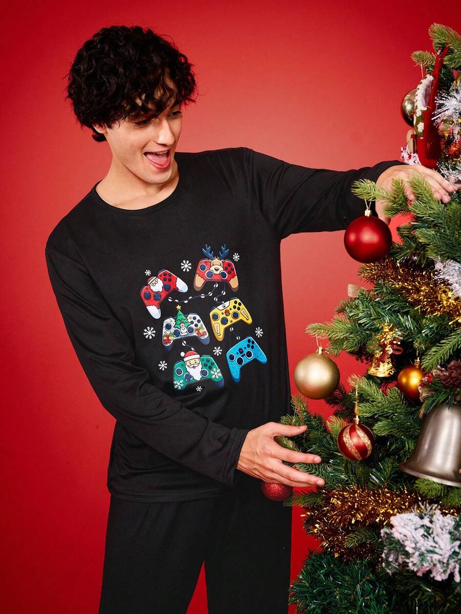 Christmas Funny Printed Family Matching Pajamas Set, Featuring Christmas Tree, Santa Claus, Snowflake, Bell, Reindeer, Game Console Top, Comfortable Homewear Long Sleeve Top, Winter - Black - View 1
