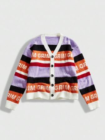 Street Life Chaqueta de punto con contraste de rayas y estampado de letras para hombre, otoño/invierno