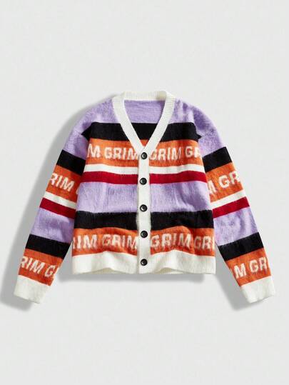 ROMWE MEN Street Life Men's Contrast Stripe & Letter Jacquard Cardigan, Fall/Winter