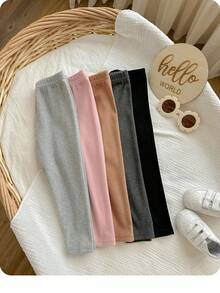 女婴休闲百搭纯色松紧腰针织裤 - 粉色 - 查看 3