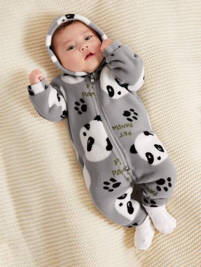 SHEIN Newborn Baby Girl Cute Cartoon Pattern Fuzzy Hooded Jumpsuit, Autumn/Winter Newborn Unisex Warm Clothes Sleeping Wear Baby Baby Animal Clothes Baby Boy Fall Newborn Zipper Suit