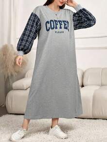 Modelyn 女式圆领长袖纯色拼布字母印花休闲连衣裙 - 彩色 - 查看 5