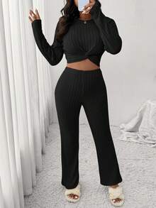 SHEIN Frenchy 2 Stücke Lässig Strick Set in Große Größen, beinhaltet Damen Aprikose T-Shirt + Damen Hose, geeignet für Lässig, Zuhause und Lässig Sport, Herbst/Winter - Schwarz - Übersicht 4